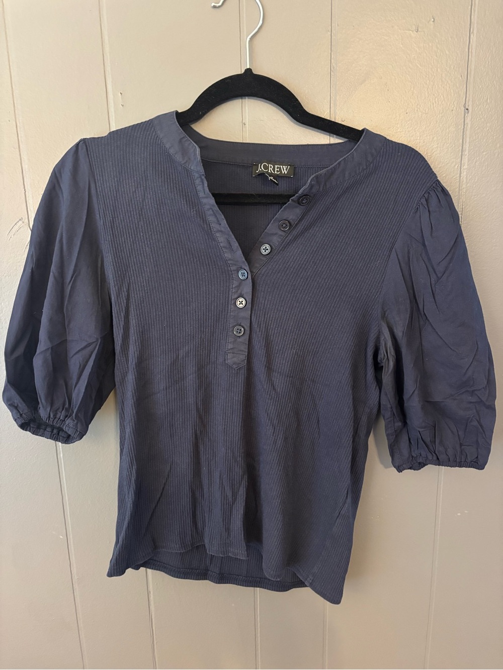 J. Crew Navy Button-Front Puff Sleeve Henley